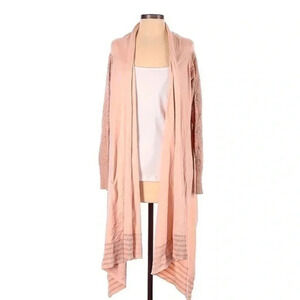 DKNY Dusty Rose Pink Long Open Front Crochet Sleeves Cardigan Duster Size S XS